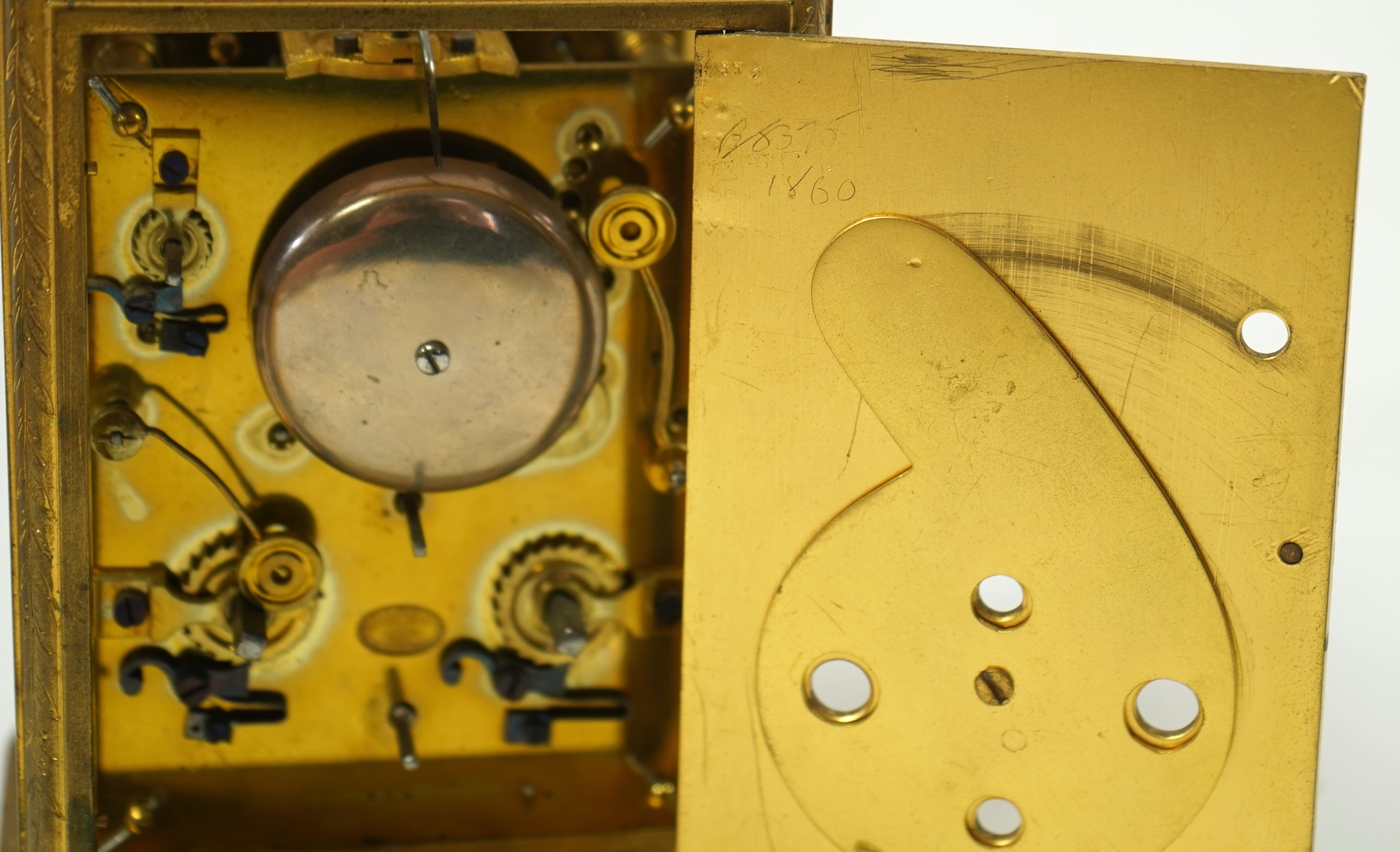 A mid 19th century French gilt brass repeating carriage clock with alarm by Japy Freres